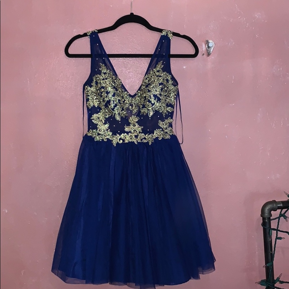 Short navy homecoming dress with gold embroidery